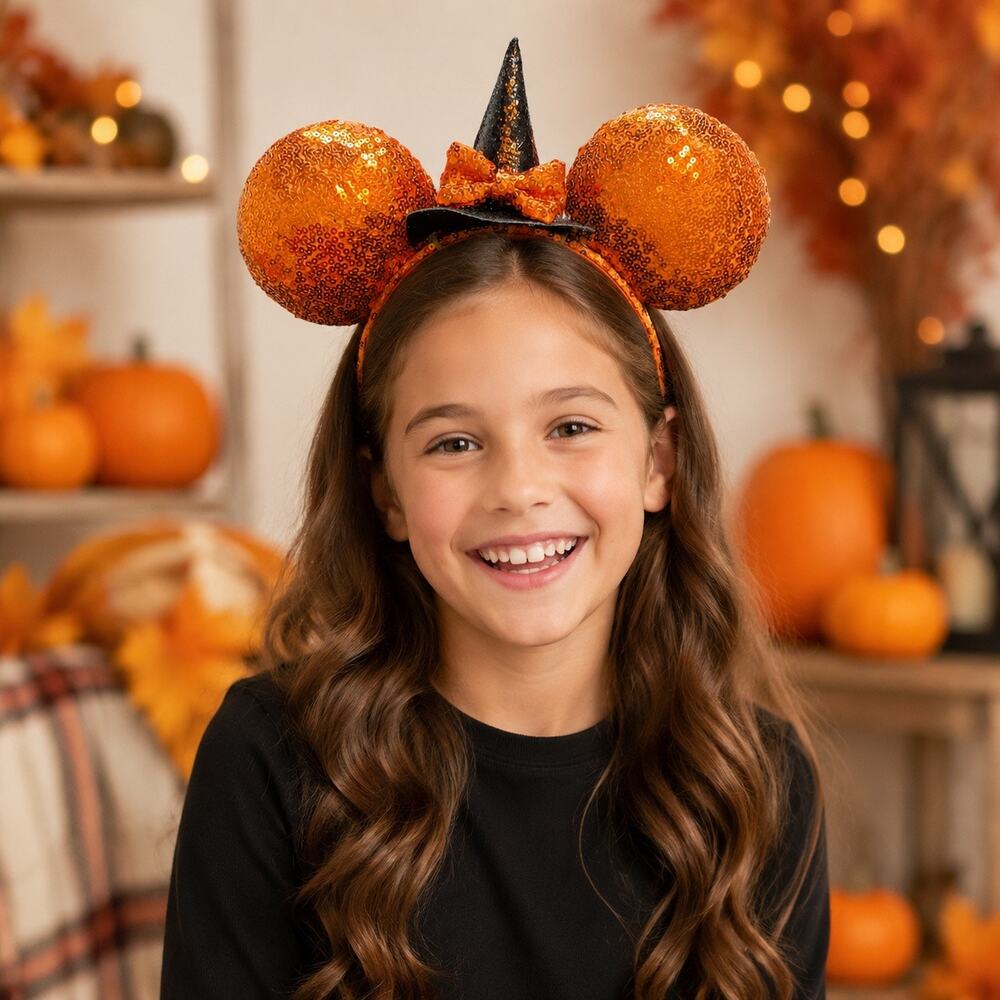 NWT Disney Orange Sequin Mouse Ears Headband Witch Hat Bow Halloween Costume